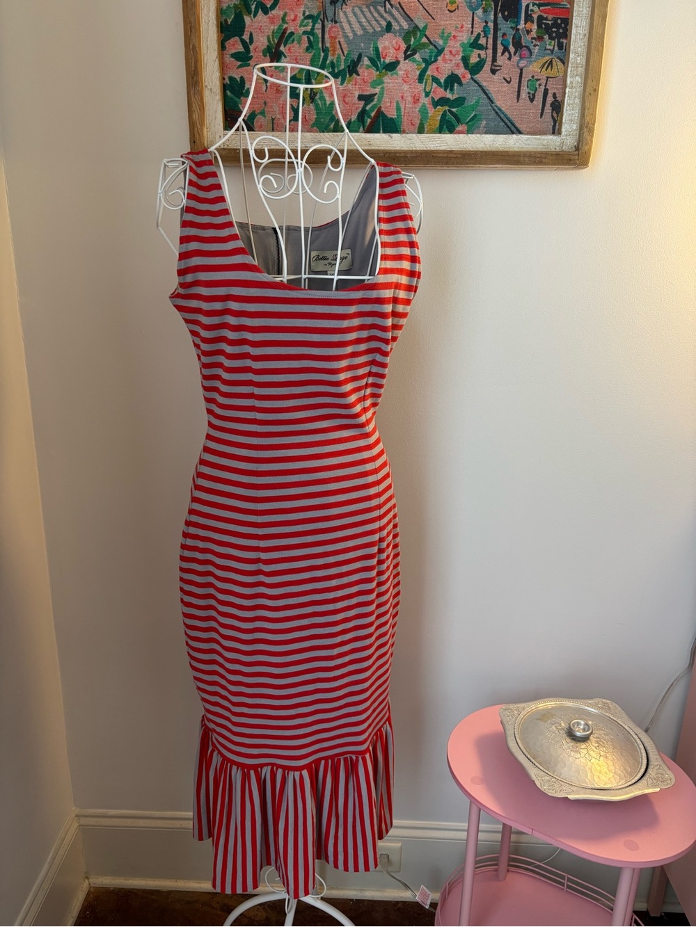 Bettie Page Red and White Striped Ruffle-Hem Midi Dress